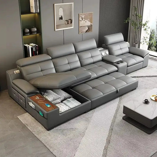 Couch bed with cup holders, USB charging and storage, with a pull-out sleeping area for overnight guests