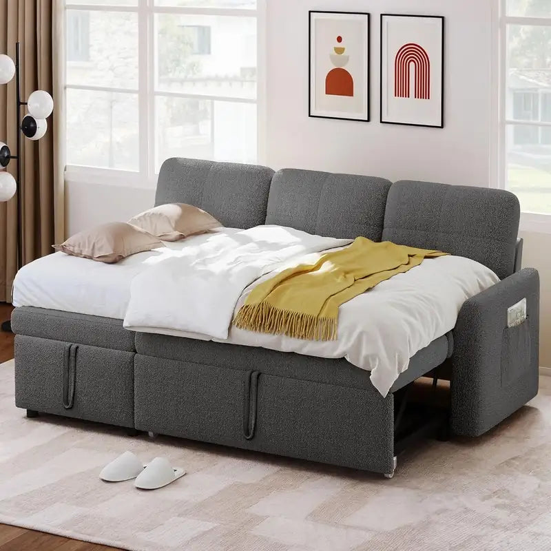 L shape sofa bed with side storage, with a pull-out sleeping area for overnight guests