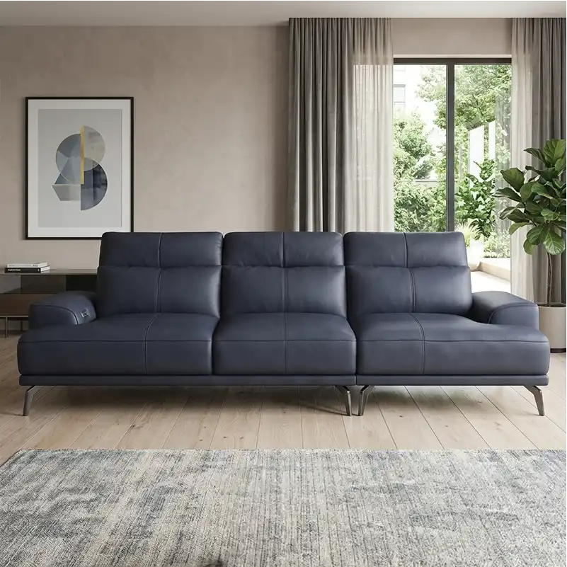 modern l shape sofa with high back cushions, slim metal legs and deep comfortable seating — angled view showing the full s...