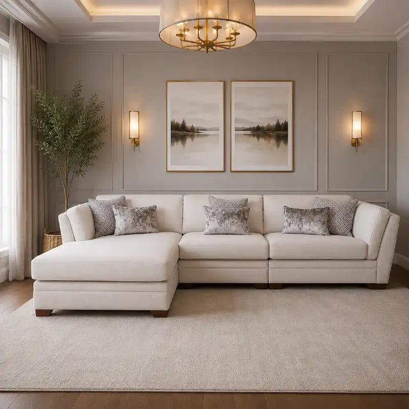 beige corner sofa with a compact l shape, soft cushions and a smooth fabric finish — angled view showing the full shape an...