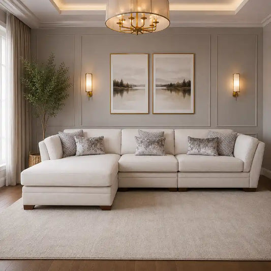 beige corner sofa with a compact l shape, soft cushions and a smooth fabric finish — angled view showing the full shape an...