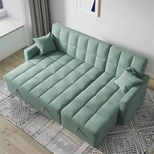 Convertible sofa bed with hidden side storage, with a pull-out sleeping area for overnight guests