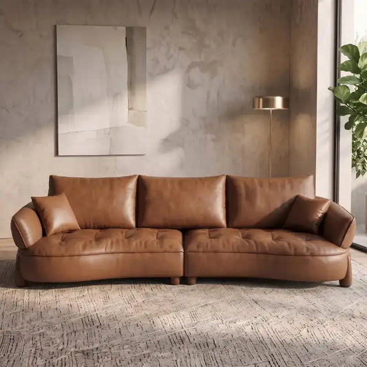 Full front view of Omero leather sofa set with luxury sofa set aesthetics, leather couch comfort, deep tufted cushions, designer couch details, modern sofa styling and 2 seater sofa configuration