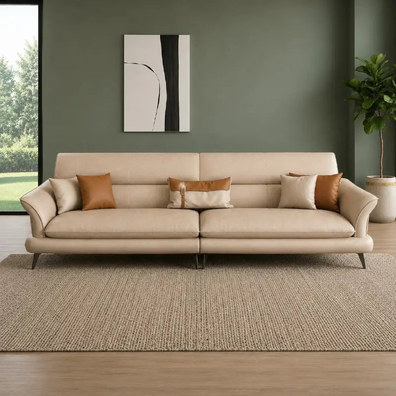 Full front view of Brondo L Shape Sofa Set with caramel faux leather finish, corner sofa configuration, modern sofa styling, spacious 5 seater sofa layout, luxury couch set comfort and contemporary living room appeal