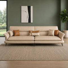 Full front view of Brondo L Shape Sofa Set with caramel faux leather finish, corner sofa configuration, modern sofa styling, spacious 5 seater sofa layout, luxury couch set comfort and contemporary living room appeal