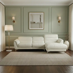modern l shape sofa with high back cushions, soft rounded arms and slim raised legs — angled view showing the full shape a...
