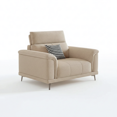 beige l shape sofa with adjustable head support, rounded arms and slim raised legs — front angle showing the back support...