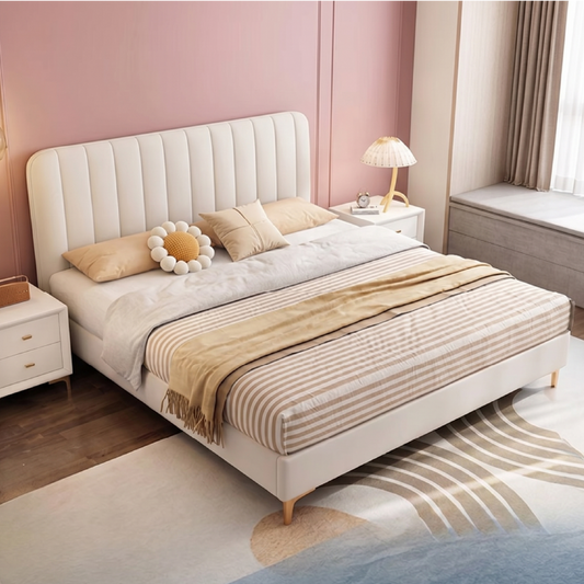 Soft channel-tufted headboard bed online premium cream fabric frame
