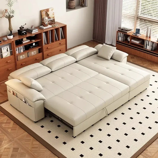 Sofa cum bed with pull-out bed and storage, with a pull-out sleeping area for overnight guests