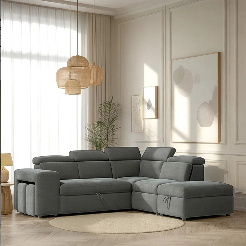 Sofa bed with storage and nested stools, with a pull-out sleeping area for overnight guests