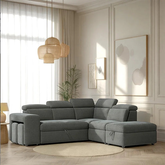 Sofa bed with storage and nested stools, with a pull-out sleeping area for overnight guests