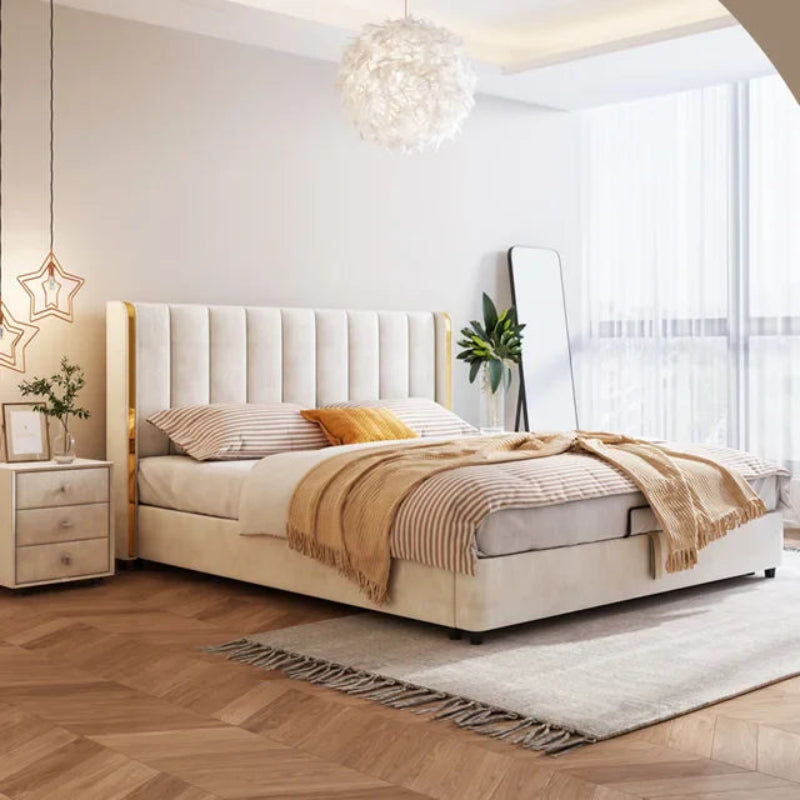 Beige tufted upholstered bed frame modern bed design master bedroom bed design cream fabric
