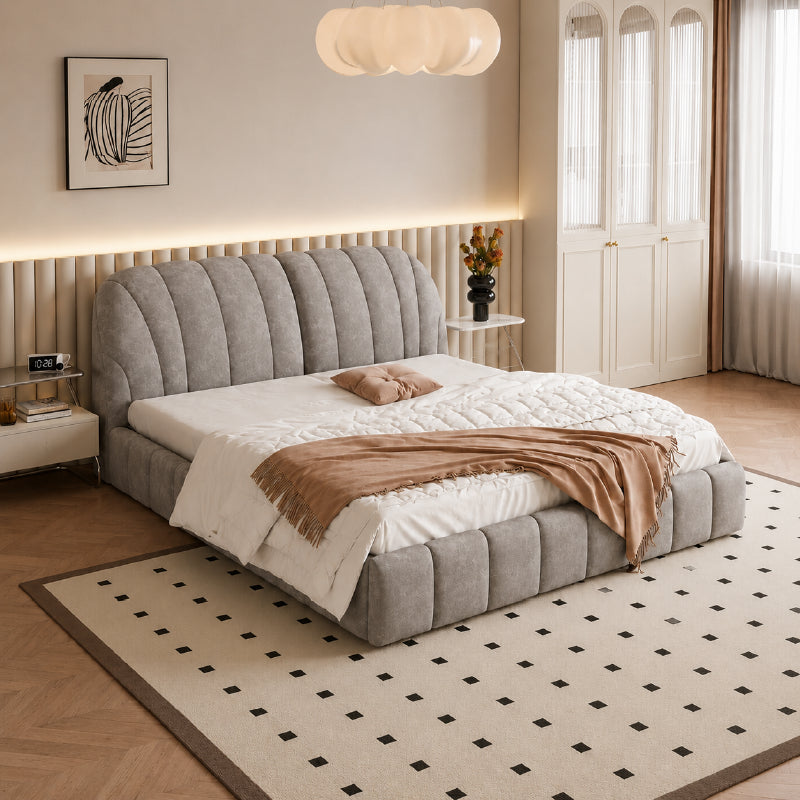 Vertical channel panels, modern style bed design, cot design, grey fabric bed