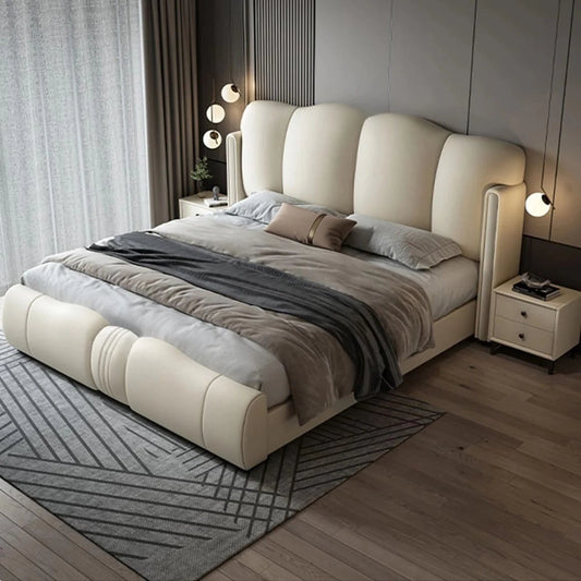 Curved luxury bed and cot new bed design beige upholstered platform bed