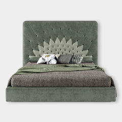 Designed as a stylish master bedroom bed design, the low-profile platform structure creates a refined