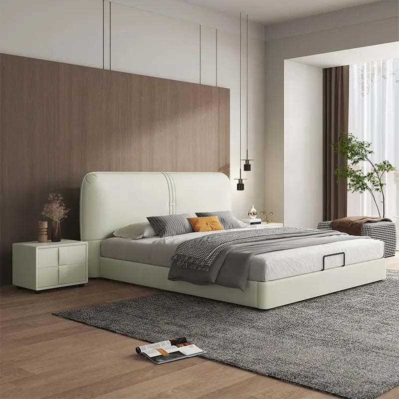 Upholstered cream platform bed frame modern bed design rounded headboard