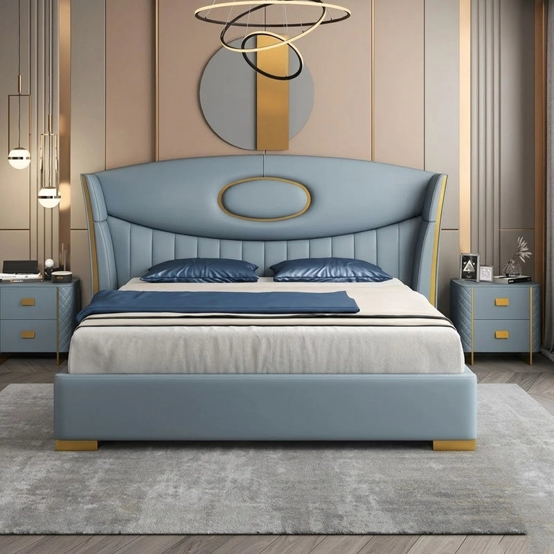 Low padded footboard, bed frame, cot design, sky-blue upholstered finish