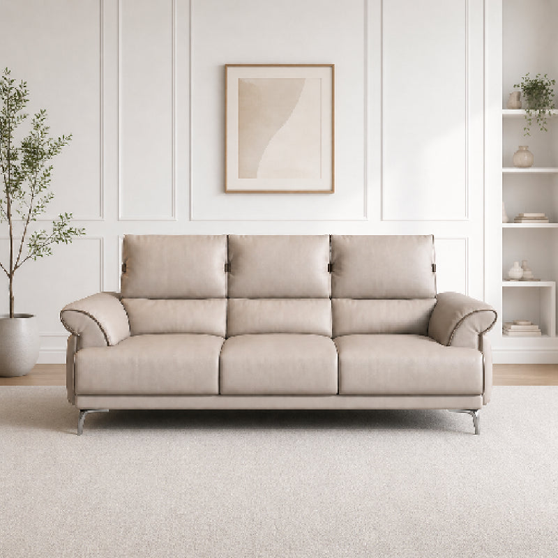 modern l shape sofa with supportive back cushions, neat side details and slim metal legs — close view showing the cushion...