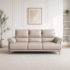 modern l shape sofa with supportive back cushions, neat side details and slim metal legs — close view showing the cushion...