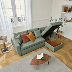 Convertible sofa bed with hidden corner storage, with practical features for compact living spaces