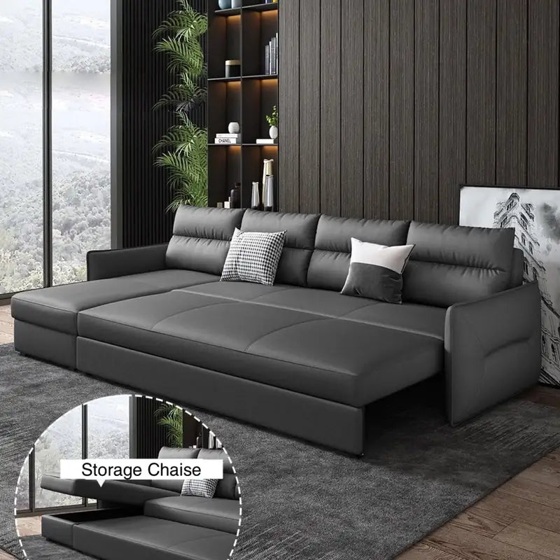 Faux leather sofa bed with hidden storage, with practical features for compact living spaces