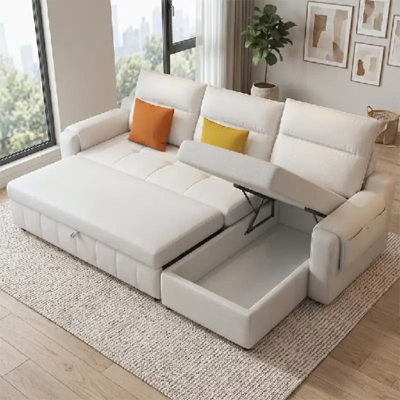 Sofa cum bed bed with wide cushioned arms, with practical features for compact living spaces