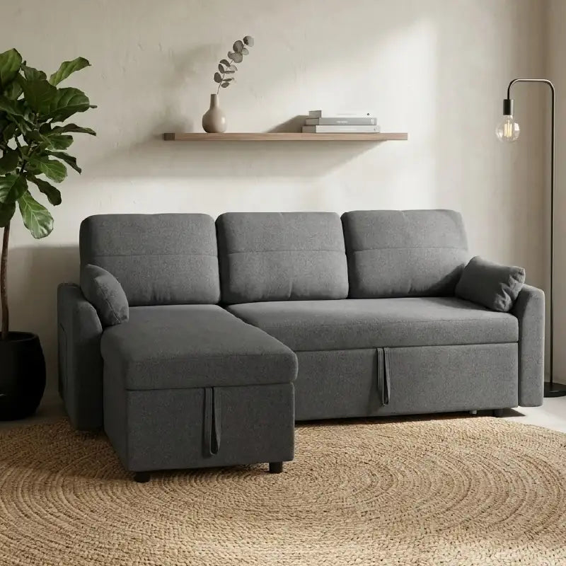 L shape sofa bed with side storage, with practical features for compact living spaces