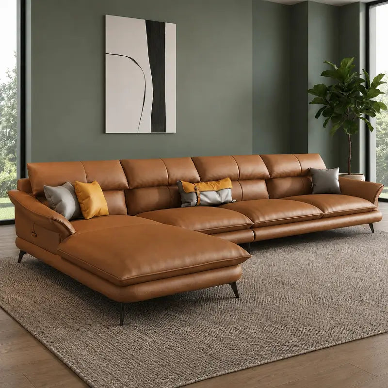 Left side view of Brondo L Shape Sofa featuring premium caramel brown faux leather upholstery, luxury sofa comfort, corner sofa layout, modern living room sofa styling and ergonomic deep seating design