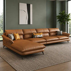 Left side view of Brondo L Shape Sofa featuring premium caramel brown faux leather upholstery, luxury sofa comfort, corner sofa layout, modern living room sofa styling and ergonomic deep seating design