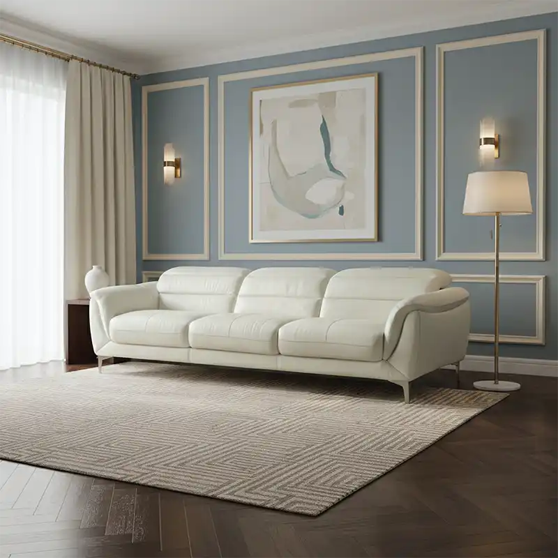 modern l shape sofa with high back cushions, soft rounded arms and slim raised legs — side angle showing the arms and rais...