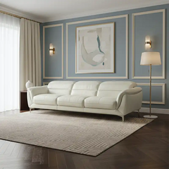 modern l shape sofa with high back cushions, soft rounded arms and slim raised legs — side angle showing the arms and rais...
