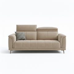 beige l shape sofa with adjustable head support, rounded arms and slim raised legs — wide room view showing the complete s...