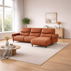 rich tan l shape sofa with smooth easy clean finish, supportive cushions and flexible layout — close view showing the cush...