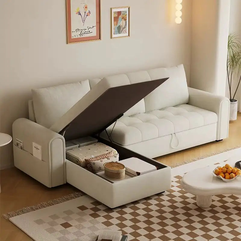 Sofa bed with storage and soft cushions, with practical features for compact living spaces