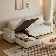 Sofa bed with storage and soft cushions, with practical features for compact living spaces