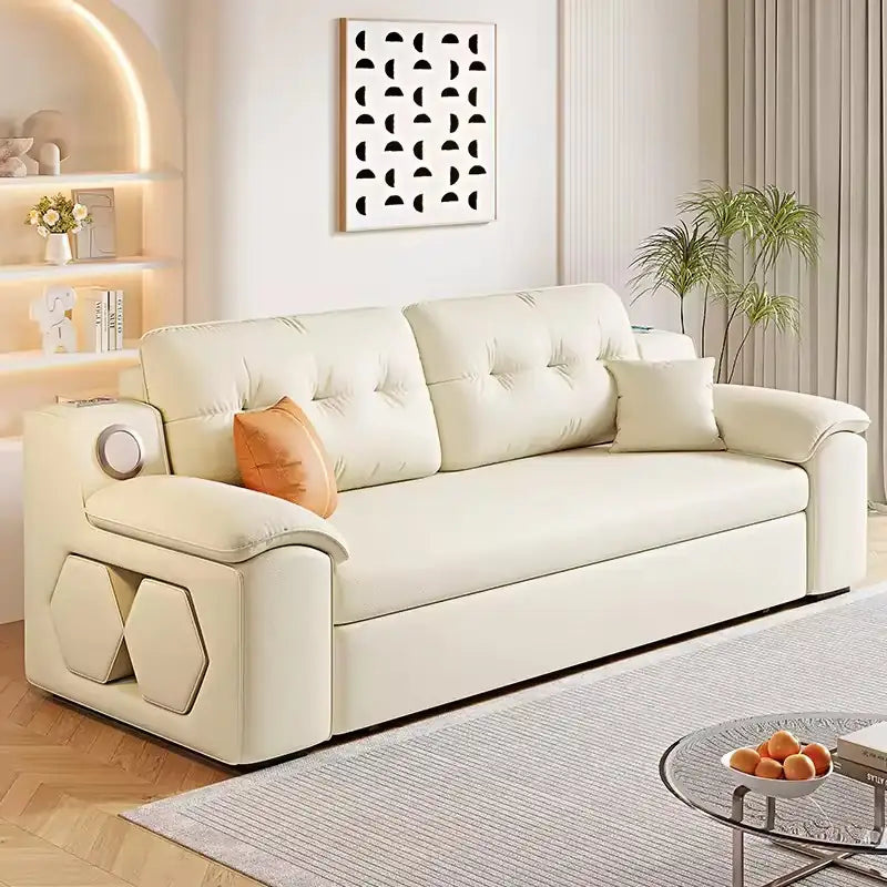Convertible sofa bed with side shelves, with practical features for compact living spaces