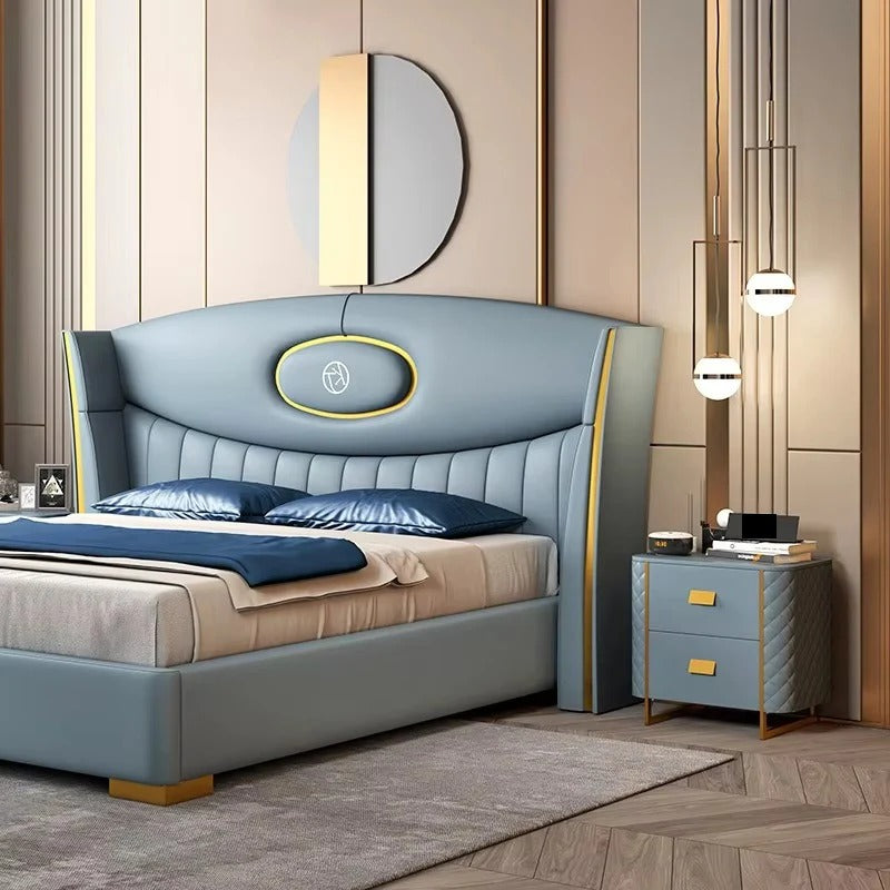Channel-tufted panel, modern bed design, bed frame, blue fabric and gold trim