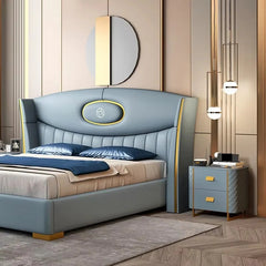Channel-tufted panel, modern bed design, bed frame, blue fabric and gold trim