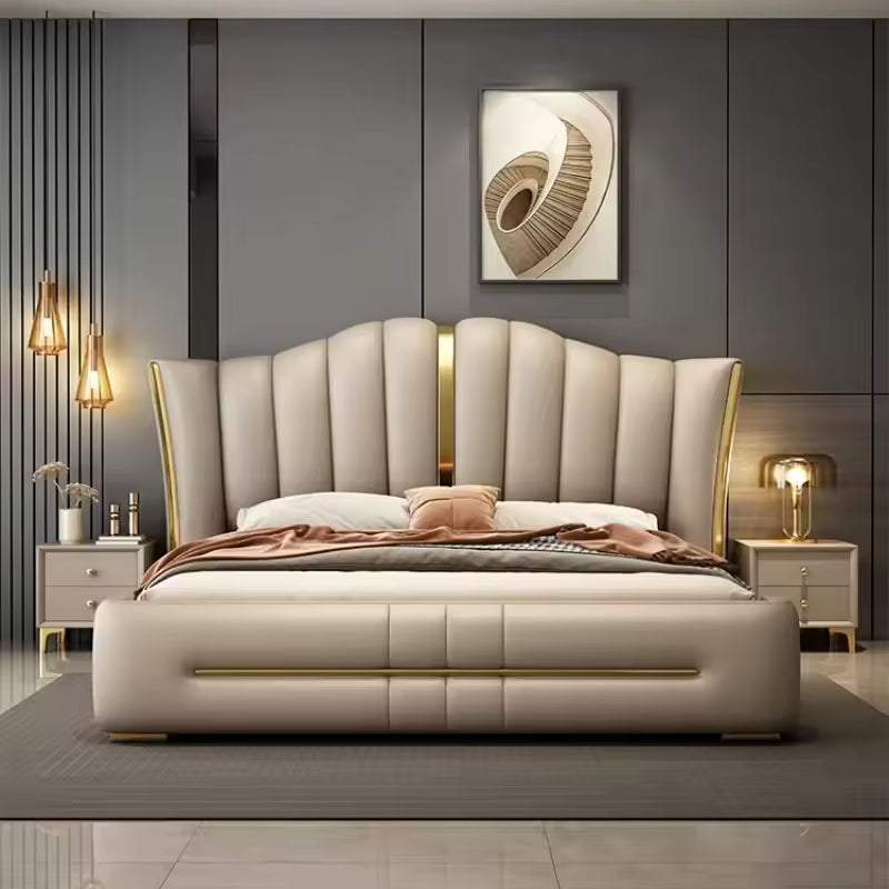 Modern cot with structured panels new bed design neutral fabric finish