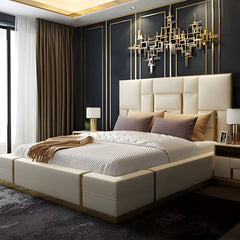 Tall padded headboard master bedroom bed design cot design with gold accents