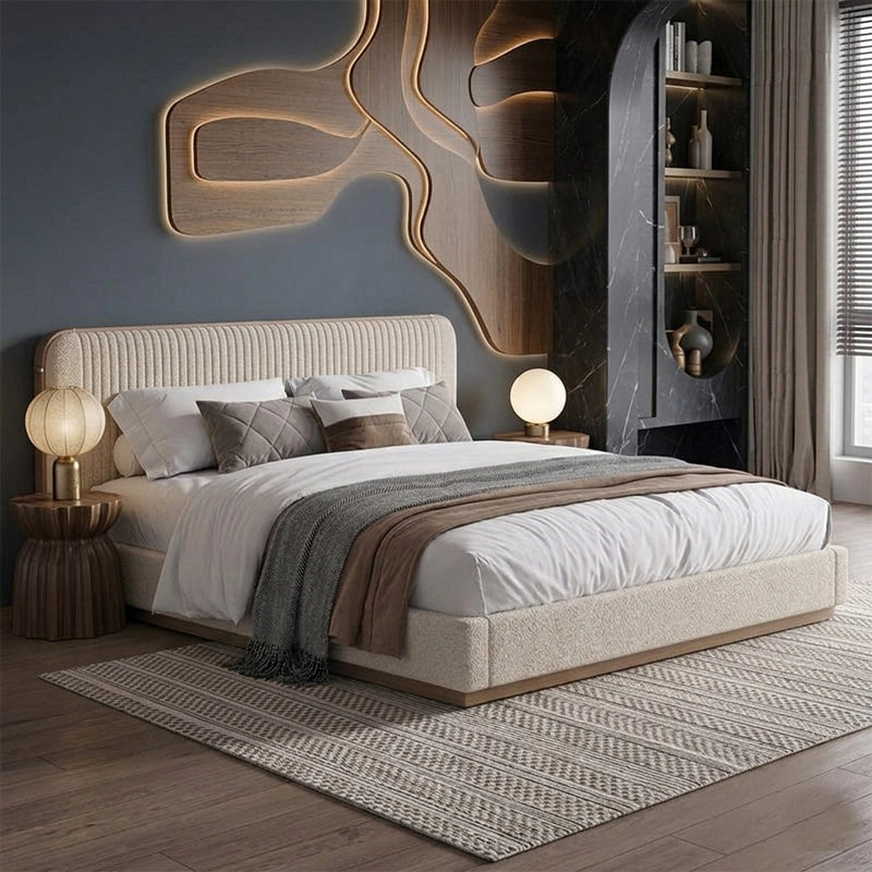 Beige upholstered platform bed modern bed design bed frame vertical tufted headboard