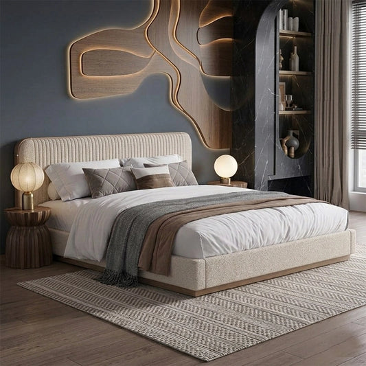 Beige upholstered platform bed modern bed design bed frame vertical tufted headboard