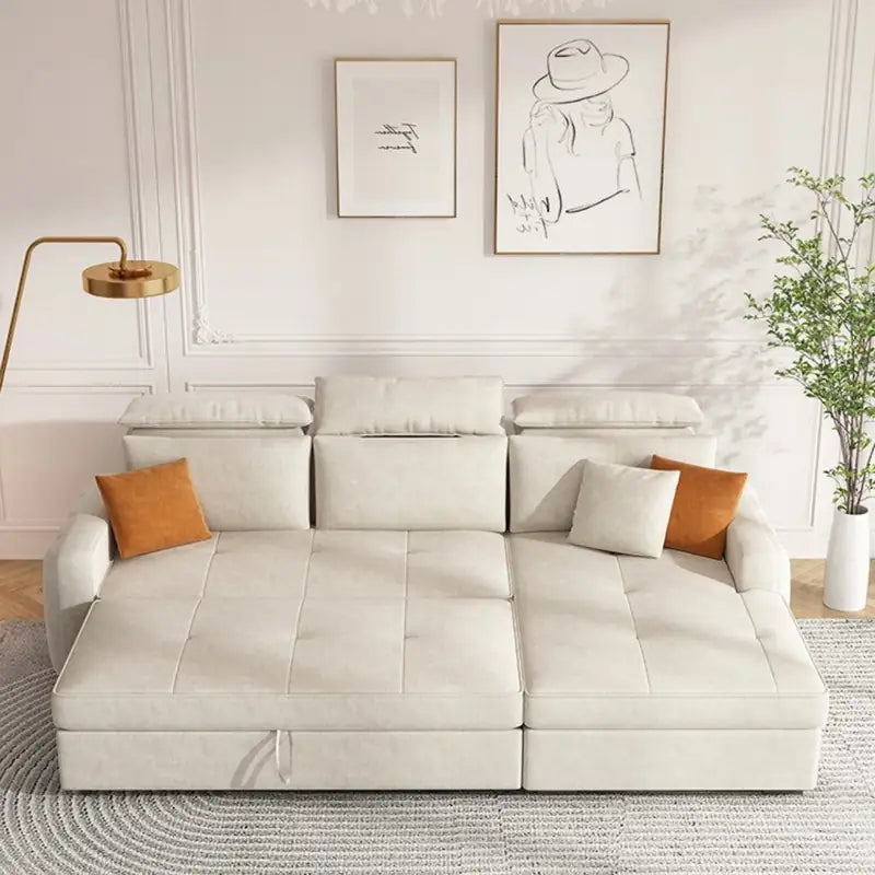Pull out sofa bed with hidden side storage, available in custom sizes, colours and materials