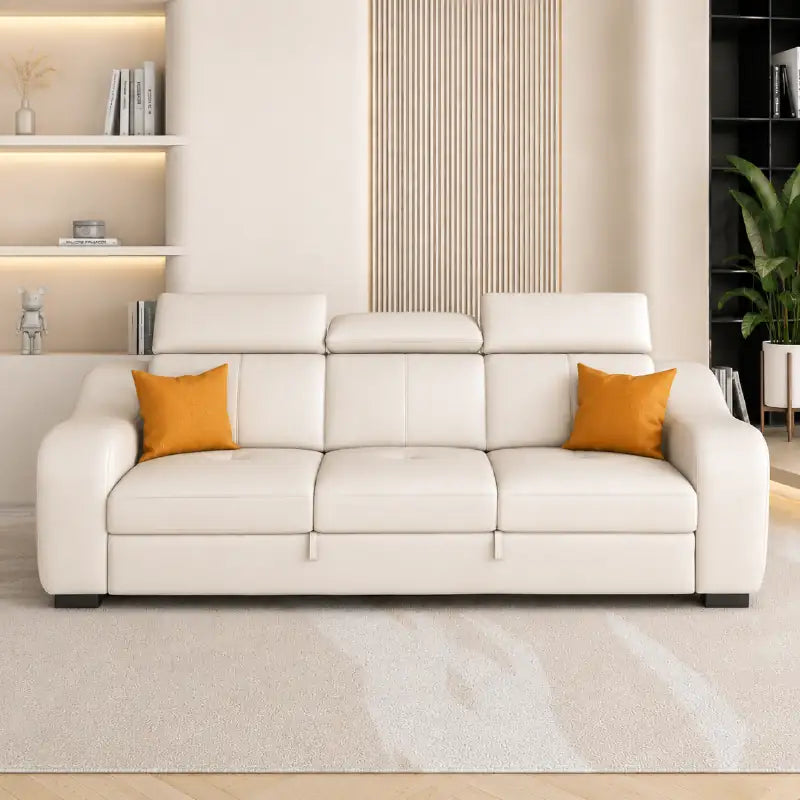 Sleeper sofa with side console and pull-out stool, available in custom sizes, colours and materials