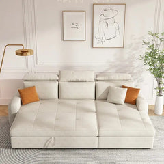 Pull out sofa bed with hidden side storage, available in custom sizes, colours and materials