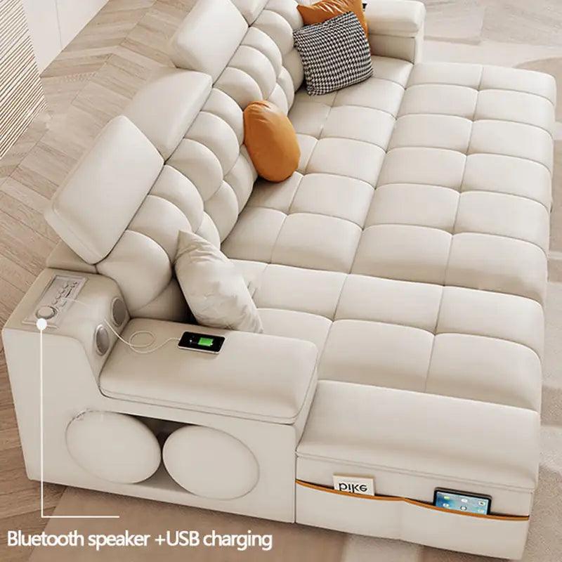 Smart convertible sofa bed with Bluetooth speakers, available in custom sizes, colours and materials