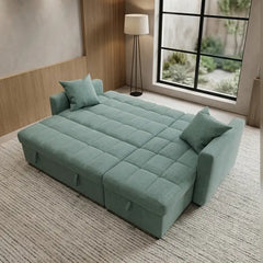Convertible sofa bed with hidden side storage, with practical features for compact living spaces
