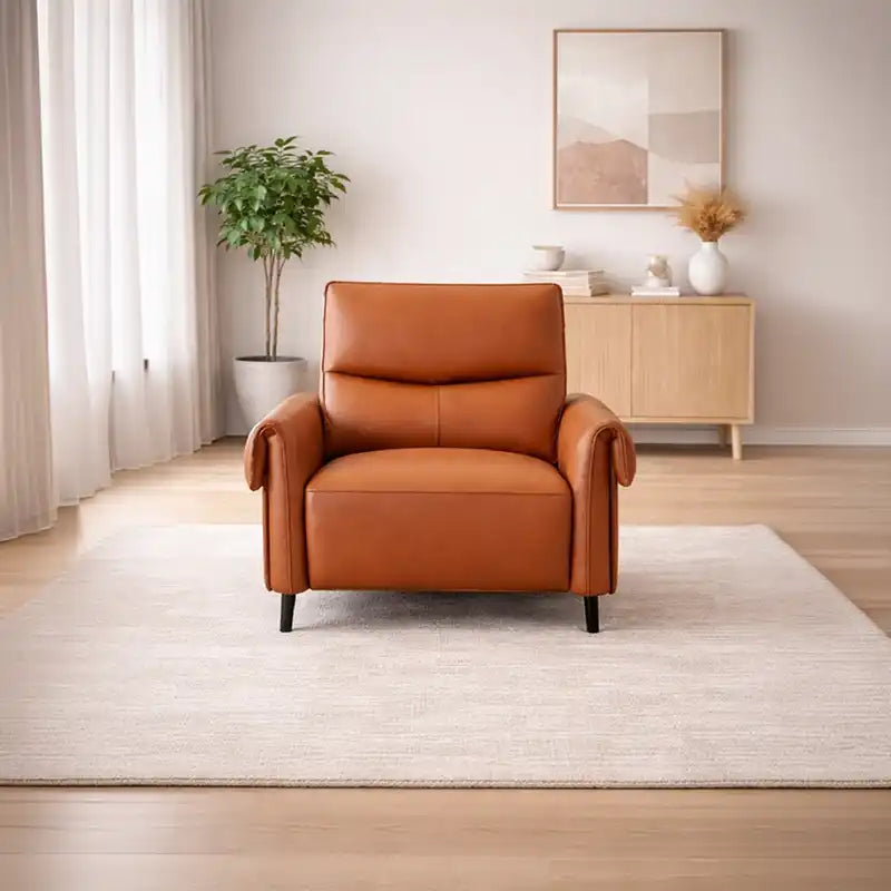 rich tan l shape sofa with smooth easy clean finish, supportive cushions and flexible layout — wide room view showing the...