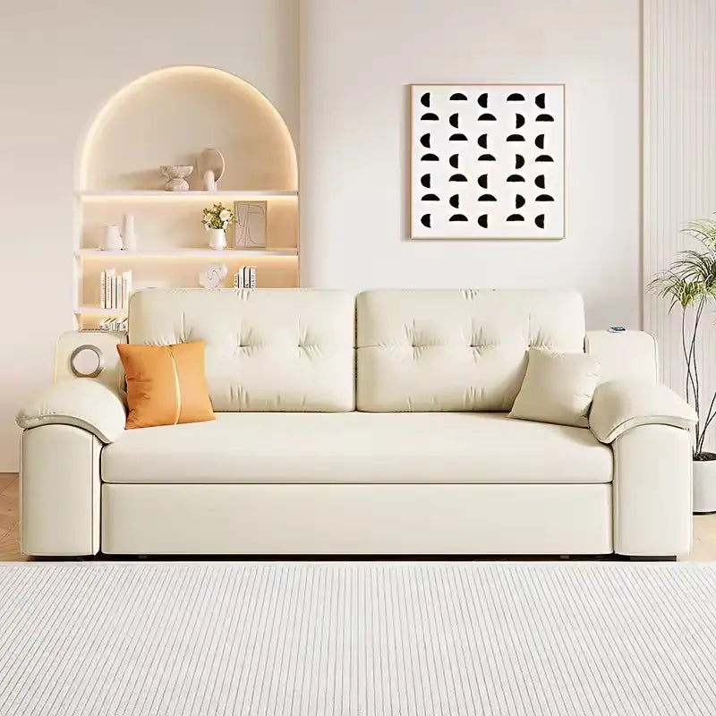 Convertible sofa bed with side shelves, available in custom sizes, colours and materials
