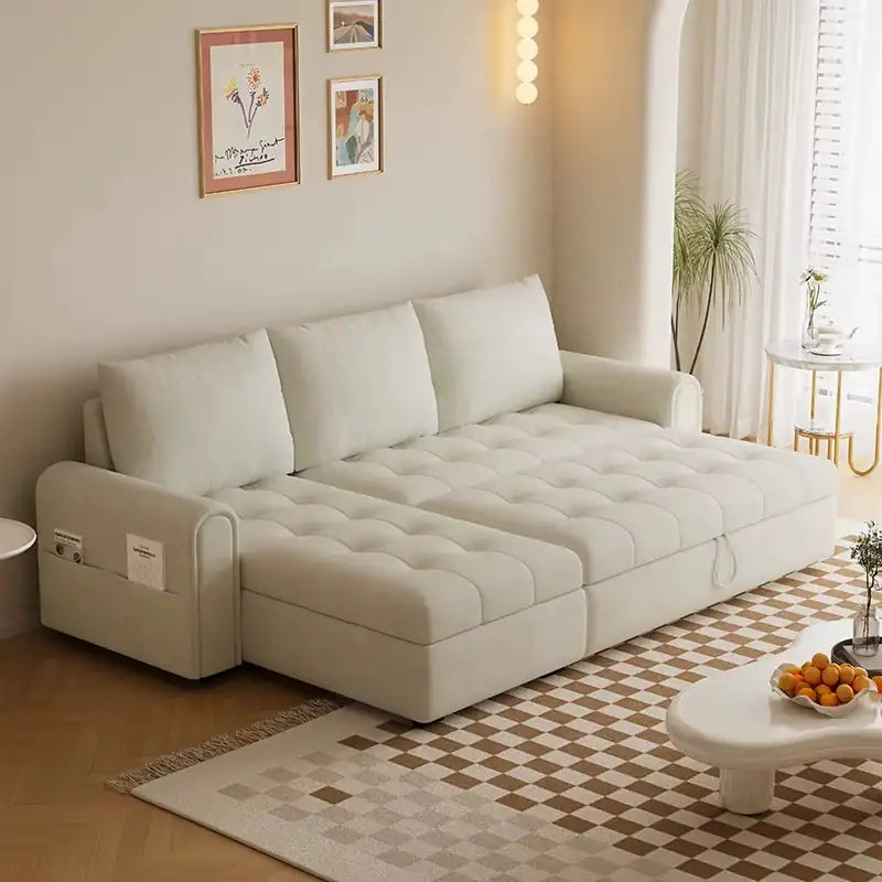 Sofa bed with storage and soft cushions, available in custom sizes, colours and materials